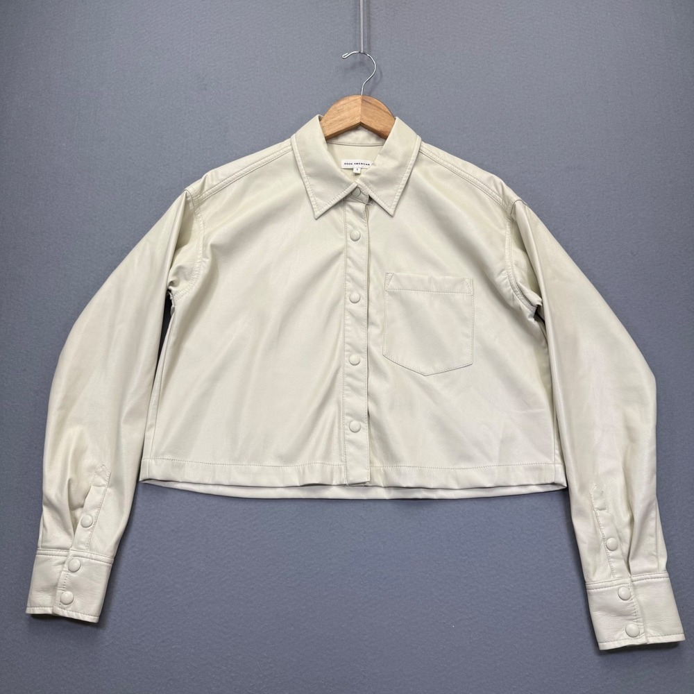 Good American‎ Bone Faux Leather Cropped Shacket Jacket GWT0210 Womens Size 1